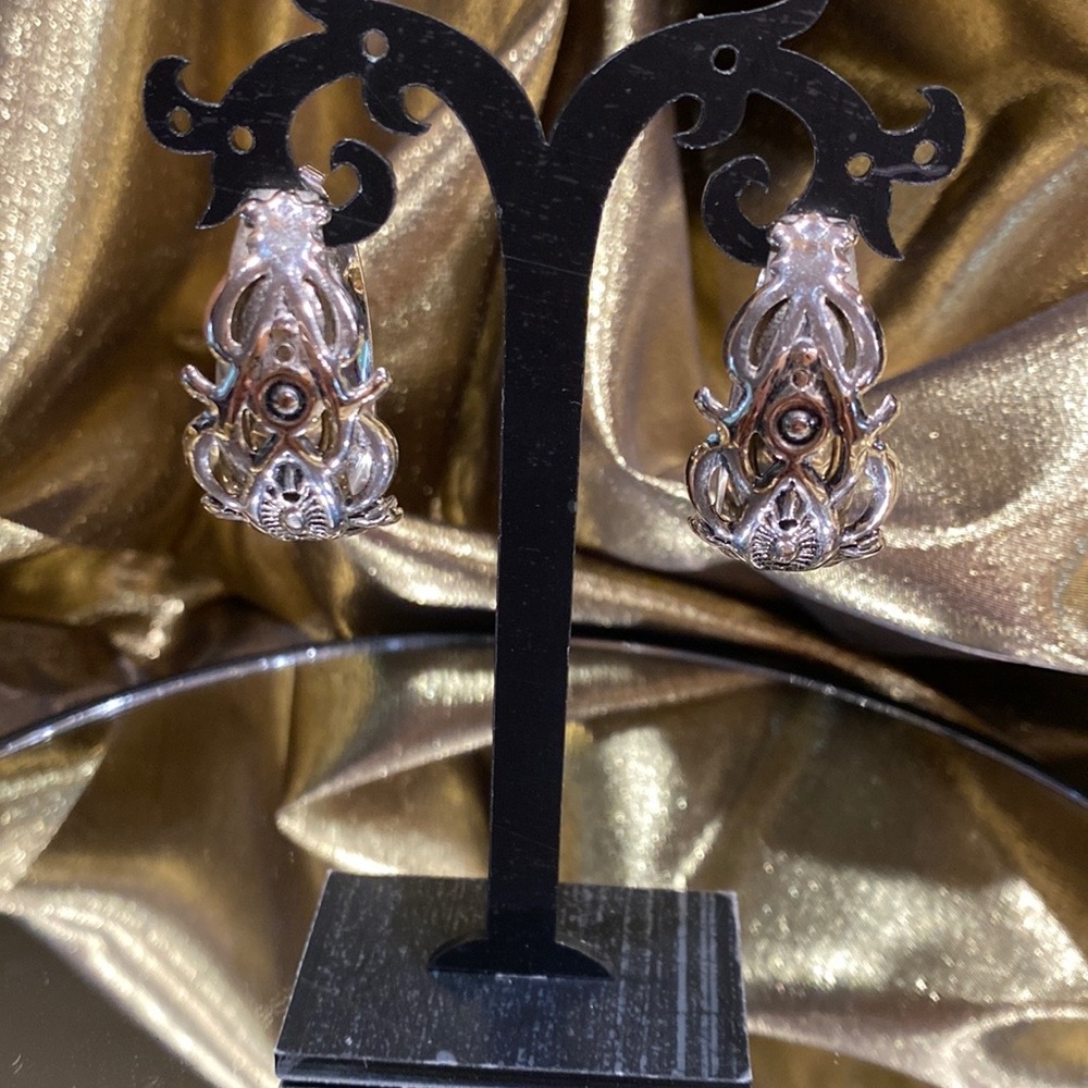 Real Silver and gold chunky Filigree large hoop pierced earrings very beautiful